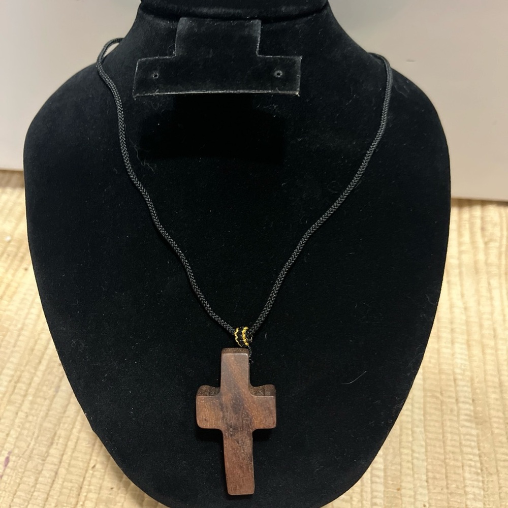 Wooden Cross Pendant Adjustable Necklace 26” Maximum Length